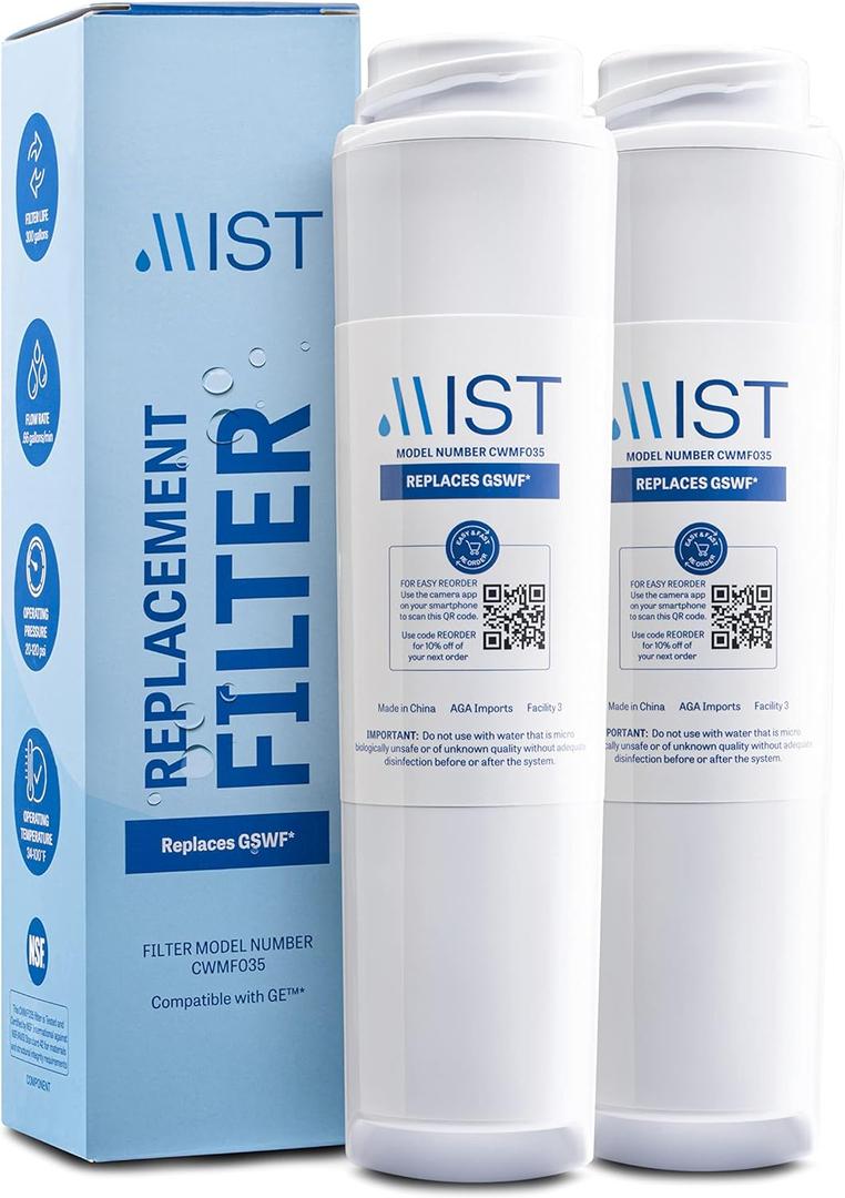 Mist GSWF Water Filter Replacement for GE, Refrigerator Water Filter compatible with GSWF Smart Water, GSWFDS, 100749-C, 100810/A, 238C2334P001, Kenmore 46-9914 (2 pack)