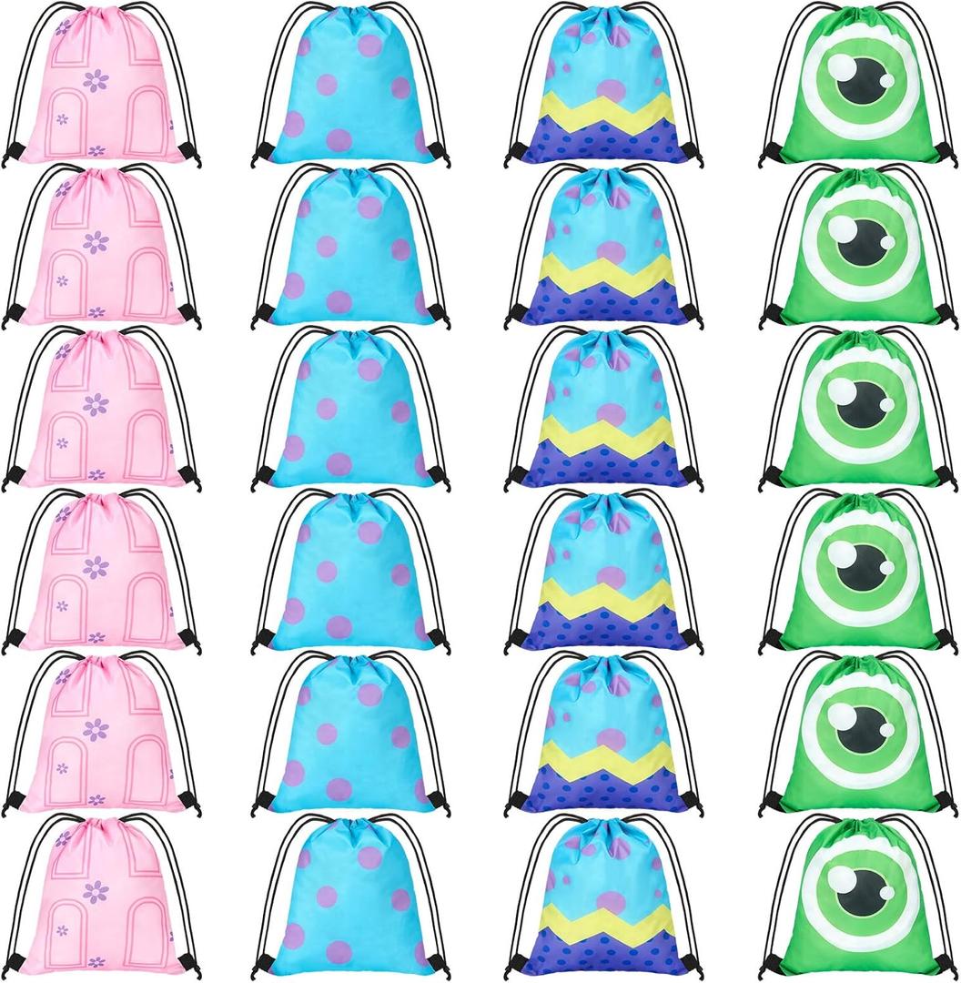 Bafeil 24 Pcs Monster Party Favor Drawstring Bags - Drawstring Gift Bags with Monster Designs, 4 Patterns Goodie Bags for Birthday, Holiday, and Party Supplies, 11.8x9.8 Inch