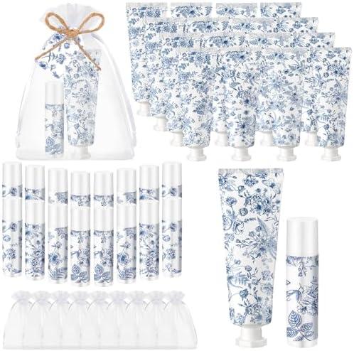 Loopeer 24 Sets Blue Floral Bridal Shower Hand Cream and Lip Balm Gift Bulk Blue Flower Wedding Favors Travel Size Hand Lotion and Lip Balm Wedding Bridal Baby Shower Party Supplies for Guests
