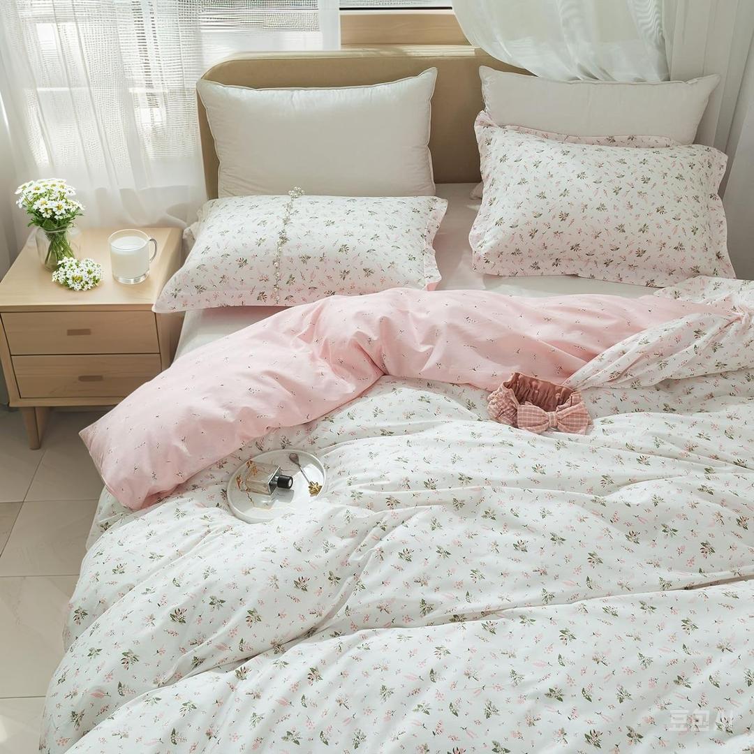 EAVD Vintage Floral Duvet Cover Full Size Cotton Girls Garden Pink Floral Bedding Sets Fulll Aesthetic Comforter Cover with Zipper Chic Fresh Botanical Duvet Cover with 2 Pillowcases