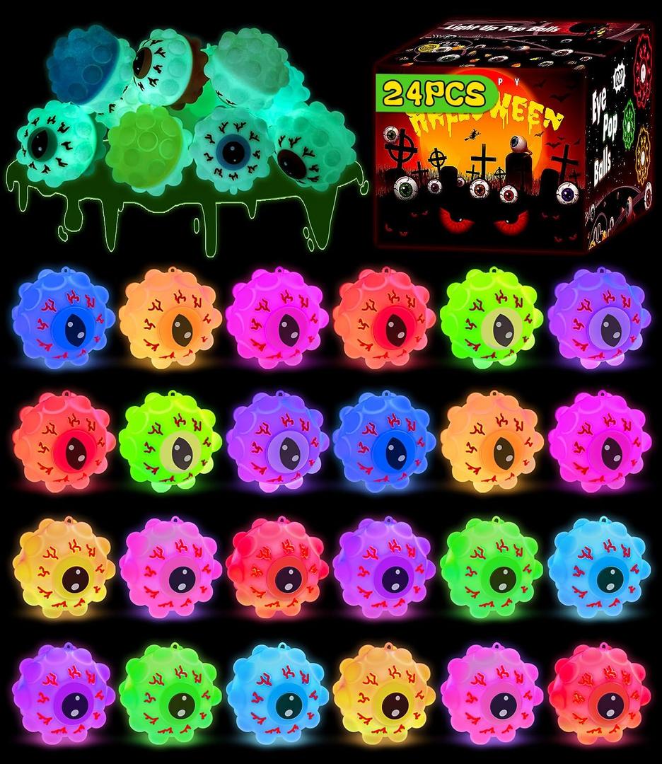 24PCS Halloween Light Up Eye Pop Ball, Halloween Party Favors for Kids, Halloween Toys for Trick or Treat, Goodie Bag Stuffers, Classroom Prizes