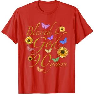 Blessed by God for 90 Year Butterfly Sunflower 90th Birthday T-Shirt, XXL