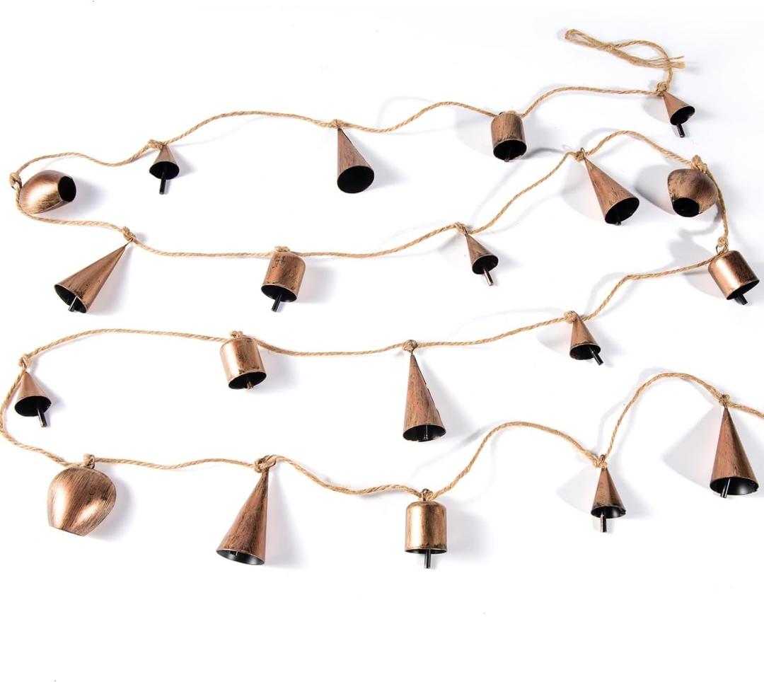 10 FT Christmas Bells Garland, Vintage Cow Bells Garland Gold Metal Bells with Jute Hanging Rope, Lucky Cowbell for Christmas Decoration,Perfect for Doors, Windows, Mantle, Wreaths, etc
