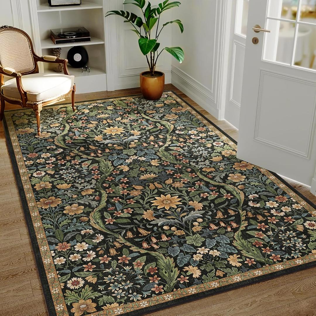 3x5 Black Brown Boho Floral Washable Rug,Soft Lightweight Low Pile Non-Shedding Carpet,Machine Washable Stain Resistant & Non-Slip for Entryway,Girls Bedroom,Kids Room,Living Room