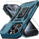 DEERLAMN Case for iPhone 15 Pro Max with Slide Camera Cover+Screen Protector(1 Pack), Rotated Ring Kickstand Military Grade Shockproof Protective Cover 6.7 Inch-Light Blue