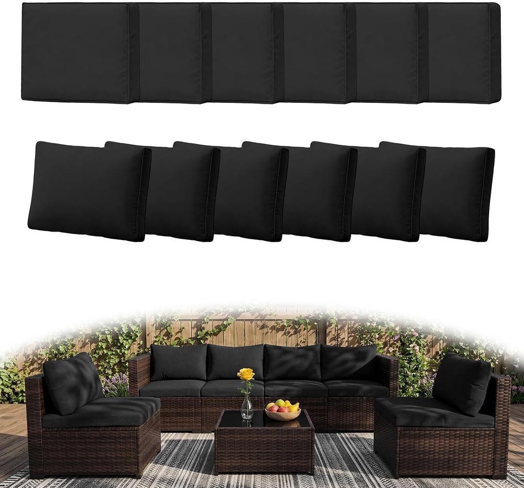 12Pcs Outdoor Couch Cushion Covers with Zipper, Water-Resistant Patio Cushion Covers, Max Compatible 24x24x3.15 Inch Patio Cushion, Full Coverage, Non-Stretch, UV-Resistant, Only Cover