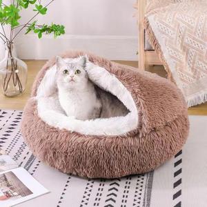 Cat Bed Round Fluffy Hooded Cat Bed Cave, Anti-Anxiety Cave Bed with Hooded Blanket, Cozy Cuddler Luxury Puppy Pet Bed, Anti-Slip Bottom and Machine Washable (Brown, Medium)