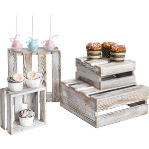 MyGift Shabby Whitewashed Wood Cake Stand, Decorative Dessert, Bakery, Cupcake and Appetizer Riser Stand, Wooden Nesting Organizer Storage Crates, Set of 4