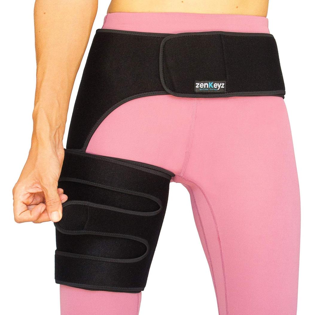 ZENKEYZ Hip Brace - Right Leg, One Size, Copper-Infused Neoprene - Adjustable Three-Strap Sciatica Brace - Sacroiliac Belt & Thigh Compression Sleeve - Universal Fit & Hamstring Compression Sleeve