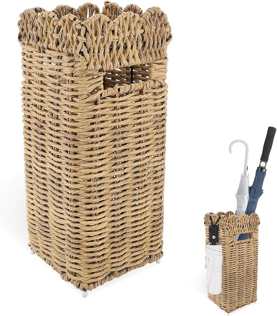 Woven Umbrella Stand for Entryway & Outdoor Porch, Weather-Resistant PE Rattan Cane Holder, Scalloped Square Bin with Drip Tray, Farmhouse Decor Rack for Umbrellas, Wrapping Paper, Walking Sticks