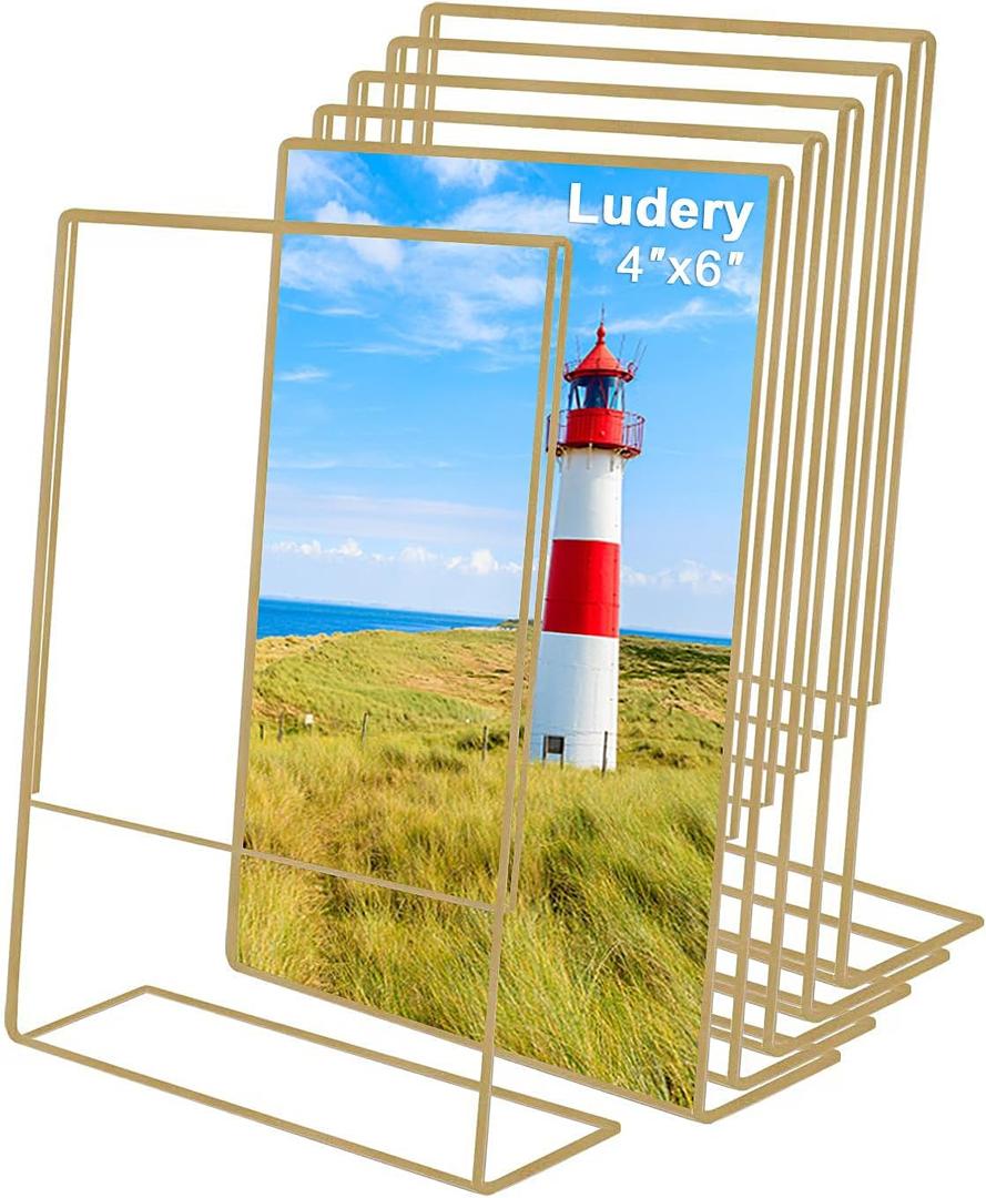4x6 Gold Picture Frames, Clear Frameless Picture Frames, 6 Pack Acrylic Self Standing Photo Frames for Wedding Table Numbers, Restaurant Signs, Photos and Art Display