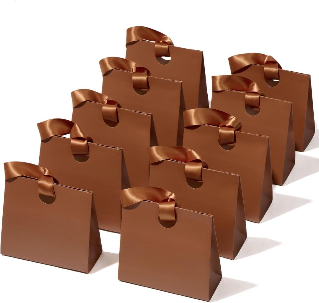 Vitalizart Paper Gift Bags With Ribbon Handles Set of 10 Brown Bulk Reusable For Gift Wrap Girls Kids Birthday Bridal Shower Party Favors Goodie Bags Candy Toys Christmas 7.87"x3.54"x7.09" Small Size