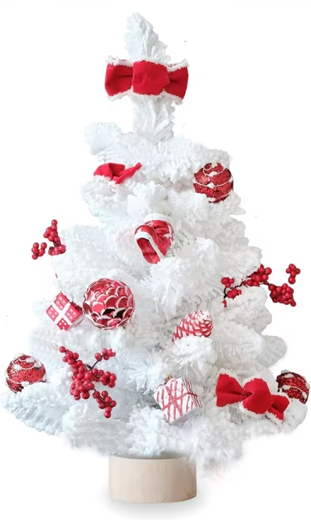 Mini Christmas Tree 2FT with Lights White Tabletop Christmas Tree with Flocking Snow Frost Tips Berries Wood Base with Burlap 55CM Small Xmas Pine Tree for Holiday Home Decoration