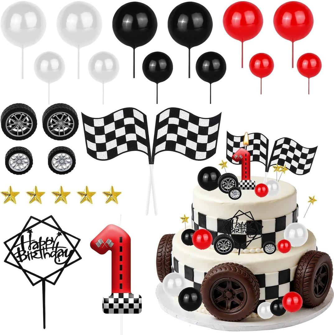 25 Pcs Racing Cake Topper Set, Birthday Candles Number 1 Glitter Race Car Cake Decorations with Red White Black Balls, Racingr Themed Cake Decor for Hero Party Supplies Halloween Decor
