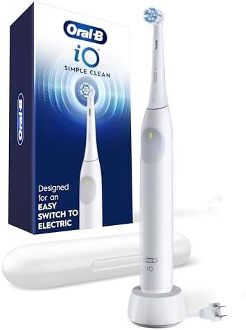 Oral-B iO Simple Clean Rechargeable Electric Powered Toothbrush, Pure White with 1 Gentle Care Brush Head and 1 White Travel Case - Automatic Pressure Sensor to Protect Gums - 3 Modes -2 Min Timer