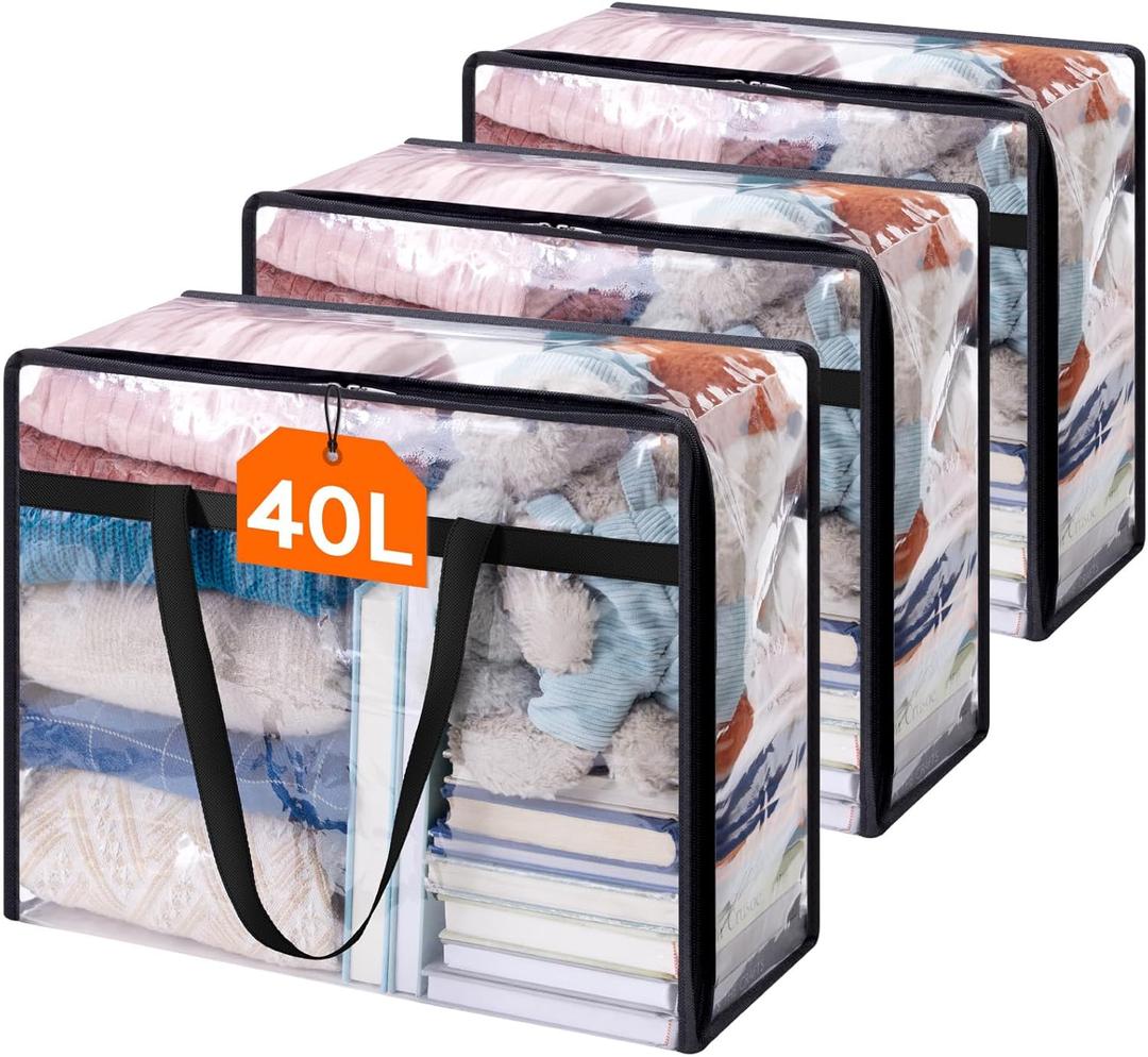 Lifewit 3 Pack Clear Clothes Storage Bags, 40L Plastic Blanket Storage Bag, Vinyl Foldable Moving Bags with Zipper, Closet Organizers and Storage Containers for Bedding, Duvet, Comforter