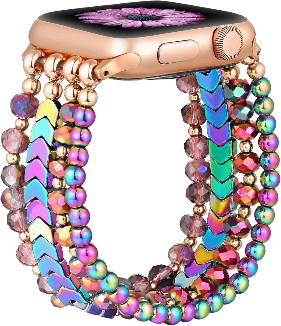 fastgo Bracelet Band Beaded Compatible with Apple Watch 45mm/44mm/42mm/49mm Women Series 7, Fashion Elastic Stretch Strap Bands for Iwatch SE & Series 9 Ultra 8 7 6 5 4 3 2 1(Rainbow, S/M)