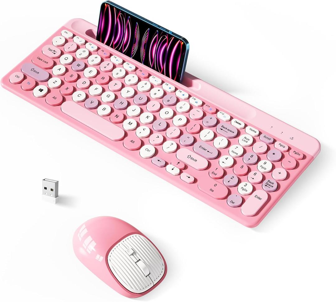 Retro Wireless Keyboard with Round Keycaps, 2.4GHz Full-Size USB Cute Wireless Keyboard Mouse for Computer, Desktop, Laptop and Computer (Pink-Colorful) Retro Wireless Keyboard with Round Keycaps, 2.4GHz Full-Size USB Cute Wireless Keyboard Mouse for Computer, Desktop, Laptop and Computer (Pink-Colorful)