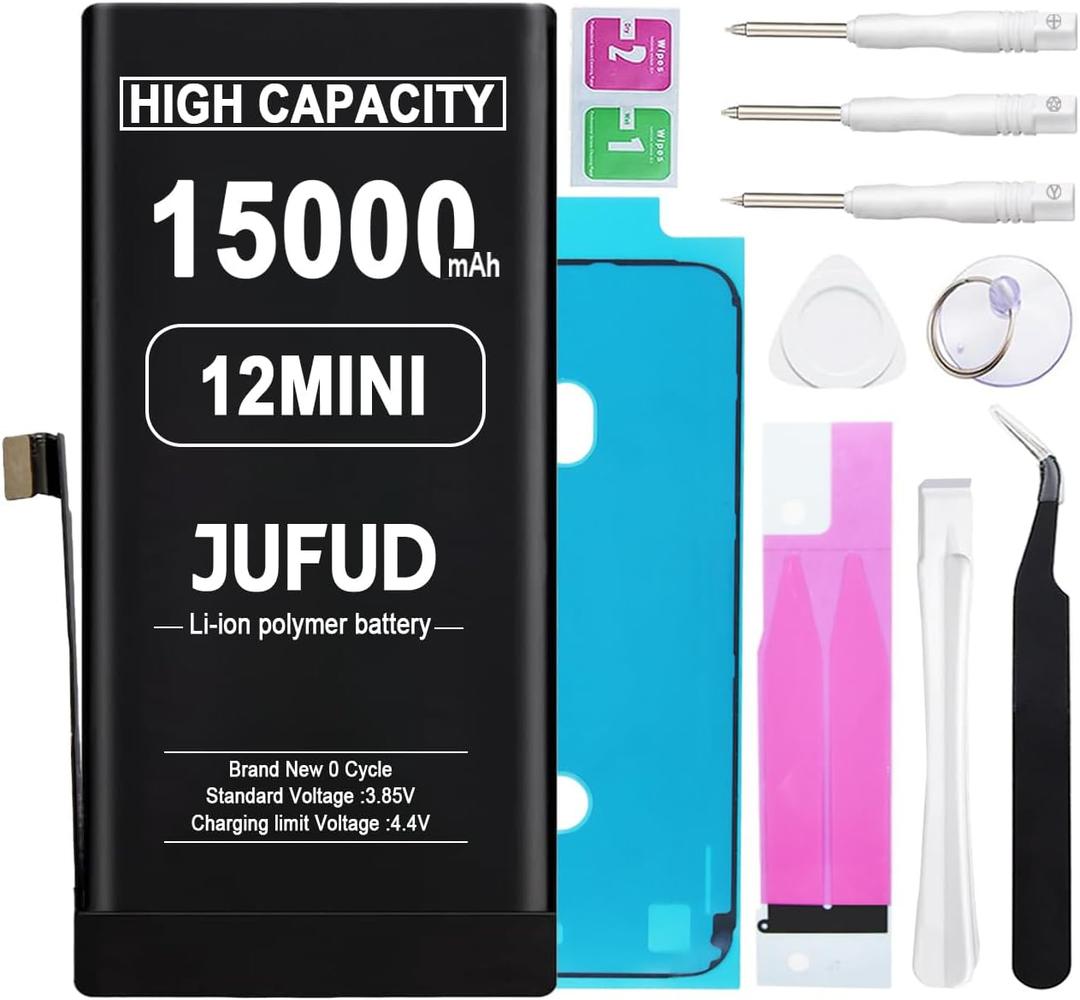 15000mAh Replacement Battery Used for iPhone 12 Mini, High-Capacity 0 Cycle Li-Polymer Battery - Compatible with Models A2176 A2398 A2400 A2399 Includes Full Repair Kit