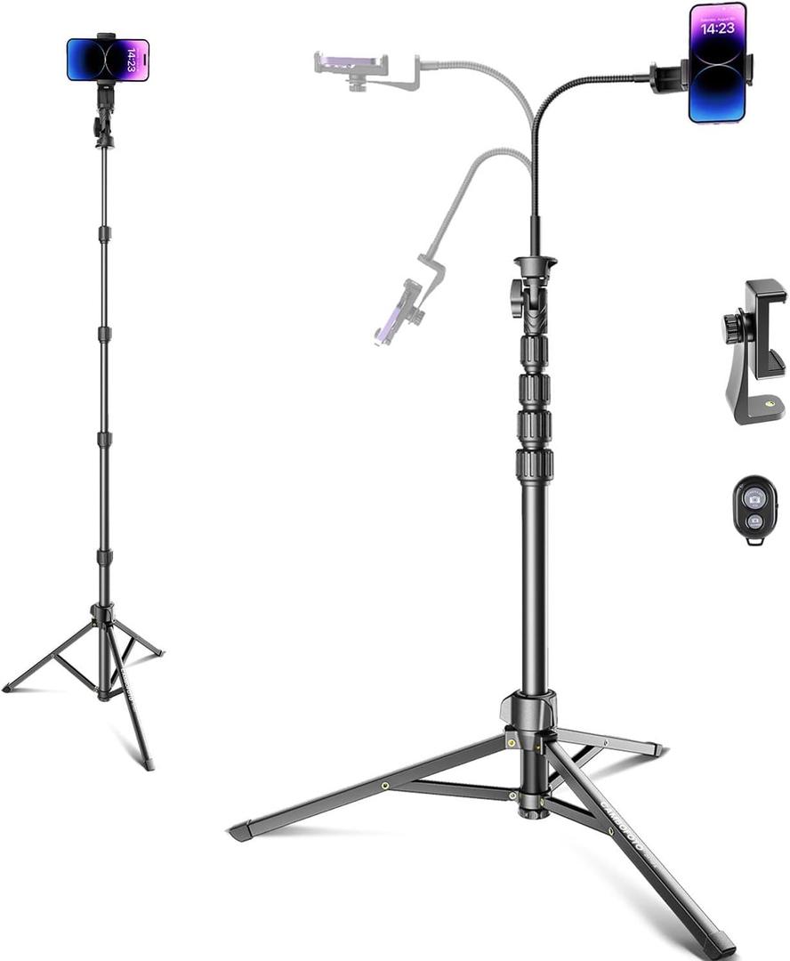 CAMBOFOTO 82" Phone Tripod Stand with Gooseneck, Remote and Phone Holder, Selfie Stick & Overhead Tripod for Recording/Cooking/Fitness/Vlog, Compatible with iPhone Android Samsung, Camera