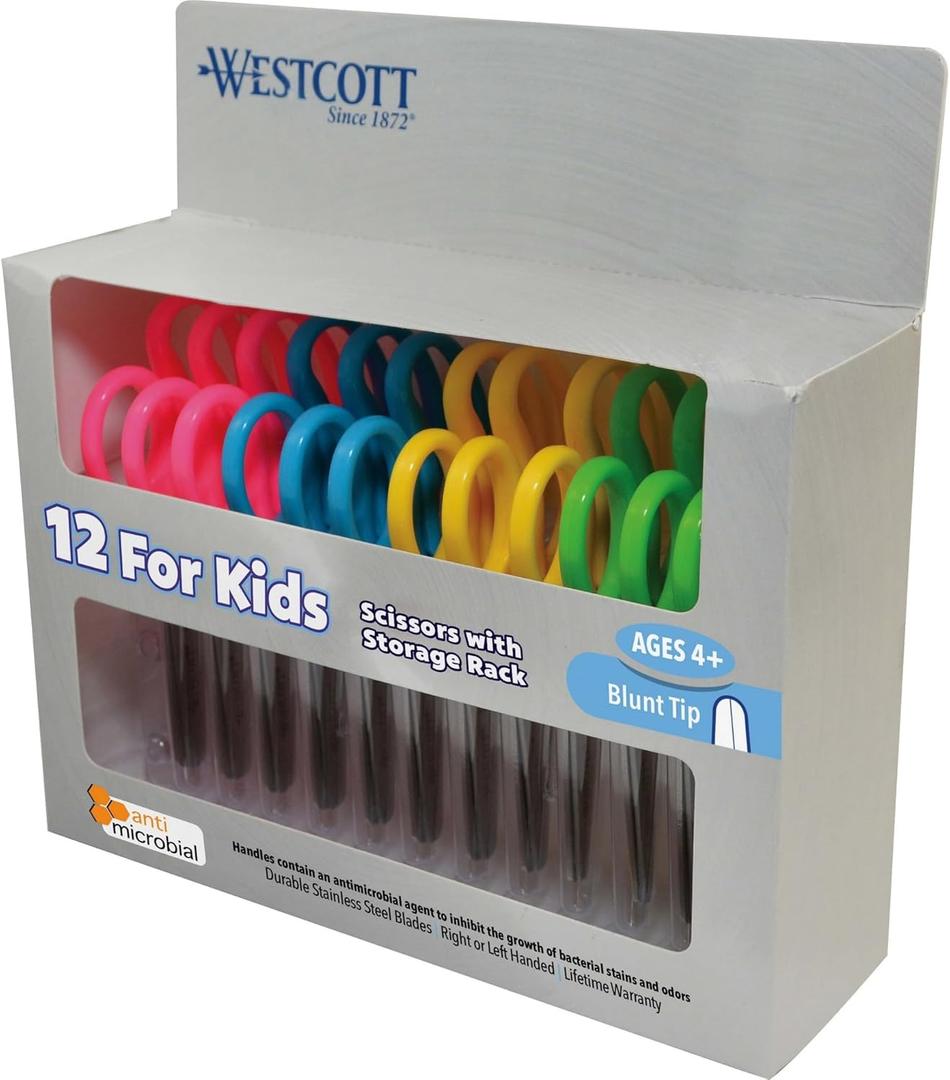 Westcott Kids School Pack Scissors, 5", Blunt, Assorted Colors, Pack Of 12