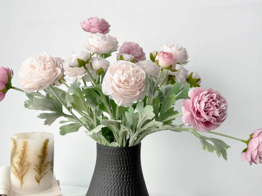 Artificial Ranunculus Flowers, 7pcs Silk Faux Ranunculus with Flocked Stems, 20.5in Long, Ice Pink & Opal Pink Fake Flowers for Home Wedding Party Indoor Decor