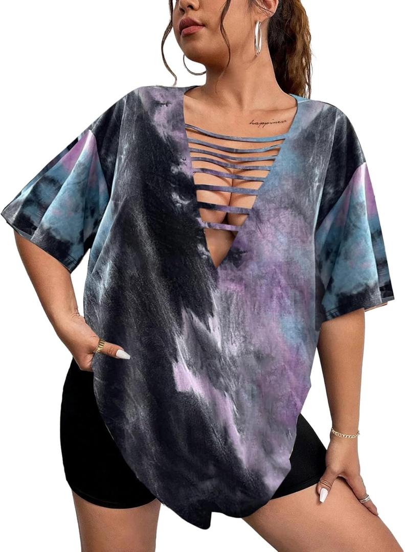 Remidoo Womens Oversized Tshirt Tie Dye Shirt Sexy Cut Out Top Short Sleeve V Neck Tee (4X-Large, Blue Purple)