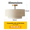 YETNGLT 18 Inch Double Drum Large Semi Flush Mount Ceiling Light, 3-Light Classic Fabric Linen Shade Design Farmhouse Gold Light Fixture for Living Room, Bedroom, Kitchen, Dining Room