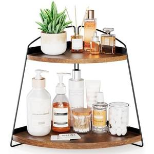 Puricon 2 Tier Corner Countertop Storage Shelf Organizer, Triangle Bathroom Sink Organizer - Wood, Brown