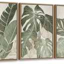 Large Framed Canvas Wall Art - Natural Float Framed Green Plantain Leaves Pictures Decor Brown Leaf Lines Painting Prints Rustic Botanical Artwork for Bedroom Living Room Decoration 60" X 28" Set of 3