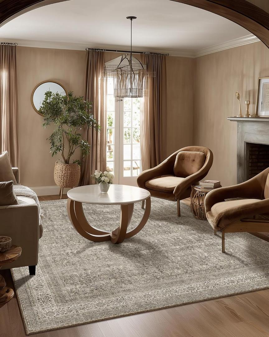 Washable Area Rugs for Living Room: 5x7 Bedroom Rug Boho Vintage Area Rug Stain Resistant Non Slip Low Pile Lightweight Soft Carpets for Dining Room Kitchen Nursery Kids Room Farmhouse (Vintage Grey Beige)
