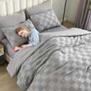 7 Pieces Grey Queen Comforter Set, Boho Tufted Bed in a Bag, Checkered Farmhouse Shabby Chic Soft Bed Set, All Season Plaid Comforter with Sheets, Pillowcases & Shams