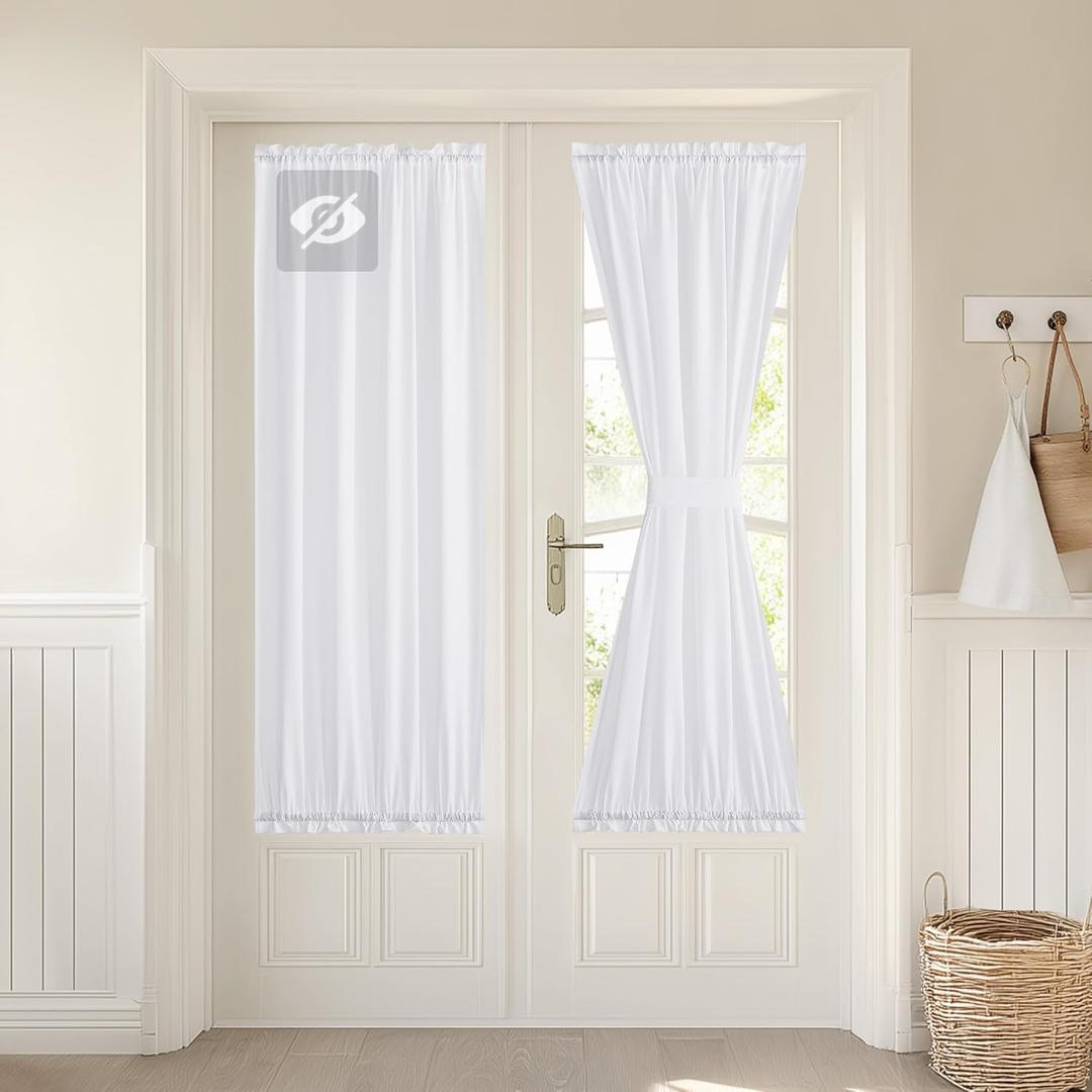 NICETOWN White Sheer Door Curtains 72 Inch Length for Front French Door, Semi Sheer Rod Pocket Sidelight Curtains Light Filtering Privacy Non See-Through with Tieback, 1 Panel, 30W x 72L