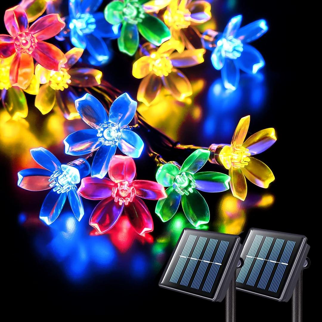JMEXSUSS Solar String Lights Outdoor Waterproof, 2 Pack Each 30.6FT 50LED Cherry Blossoms Christmas Light, Solar Flower Lights for Garden Patio Yard Tree Party Decorations, Multicolored