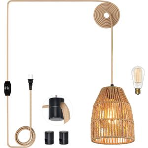 Plug in Pendant Light, Hanging Lights with 15ft Golden Cotton Cord & Stepless Dimming Switch, Handwoven Hemp Rope Lampshade, Boho Hanging Lamp for Bedroom,Hallway (Bulb & 2 Swag Hooks Included) (Small)