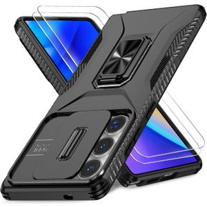 2 x Case for Samsung Galaxy S25 Ultra with Slide Camera Cover+Screen Protector(2 Packs), Military Grade Shockproof Protective Cover, Rotated Ring Kickstand(A - Black)