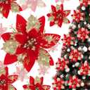 Geosar 36 Pieces Glitter Christmas Poinsettia Artificial Xmas Flower Ornaments Flowers Decorations with Clips and Stem Glitter Poinsettia Christmas Tree Ornaments for Xmas Wedding (Red)