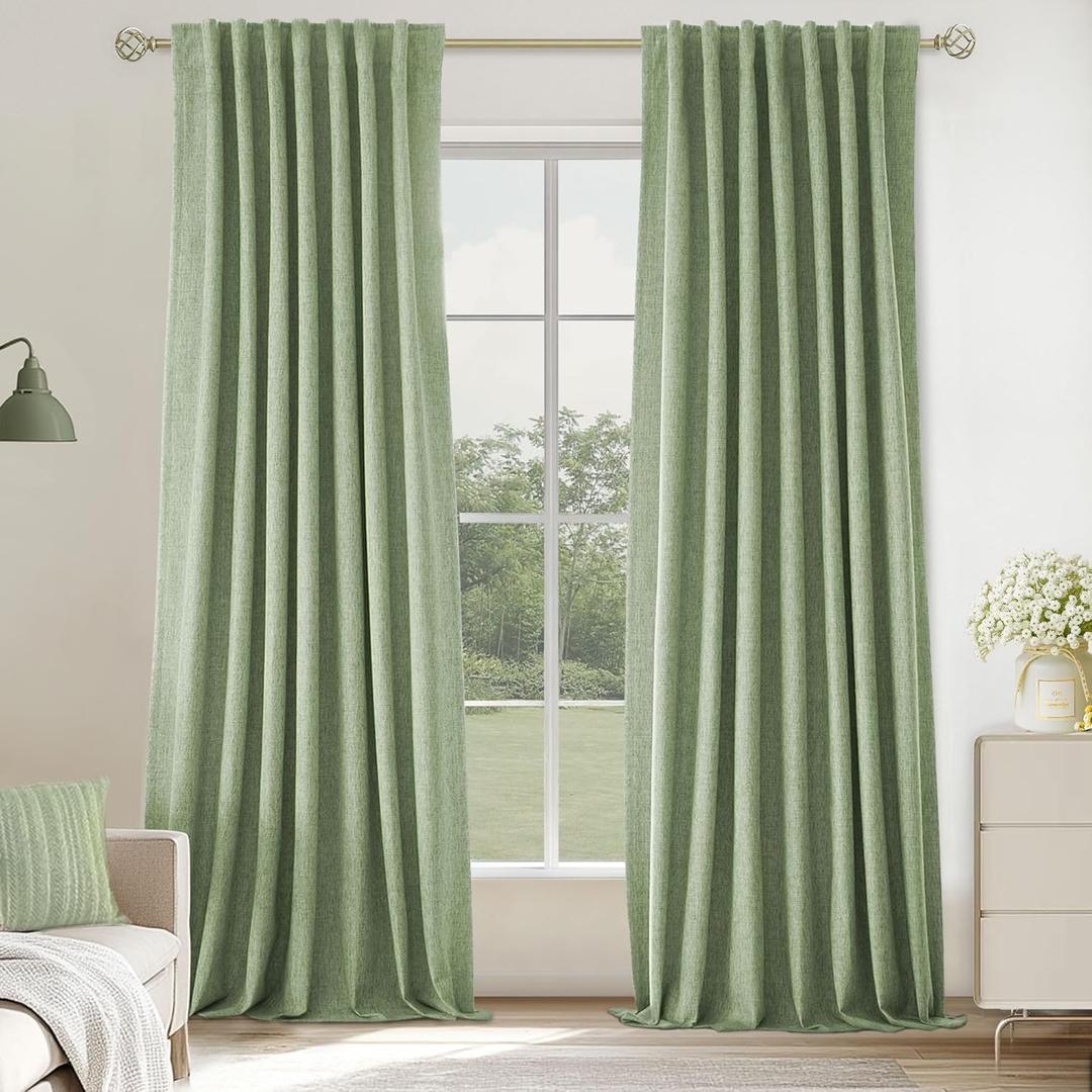 UHITECH Linen Black Out Curtains for Bedroom 96 Inches Long 2 Panels Set 100% Blackout Curtain for Living Room Thermal Insulated Drapes (Sage Green, 52W x 96L) (52"W x 96"L (Pack of 2), #09 Sage Green)