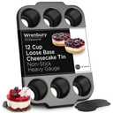 Wrenbury Pro Mini Cheesecake Pans Removable Bottom 12 Hole - Heavy Gauge Carbon Steel Muffin Cupcake Pan Loose Bottom Springform for Baking - 3 Inch Individual Cheesecakes Tin - PFOA Free