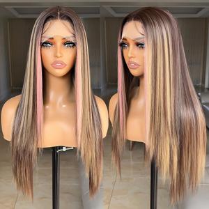 Pink Highlight Wig Lace Front Wigs Glueless Wig Long Straight Wigs for Women Pre Plucked with Baby Hair 26 Inch Pink Color Forehead Synthetic Lace Front Wig