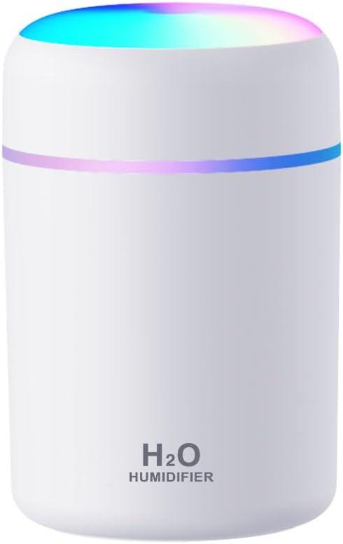 Portable Mini Humidifier, 300ml with Colorful LED Night Light, USB Personal Desktop Humidifier for Car Office Home Travel, Auto Shut-Off, 2 Mist Modes, Super Quiet