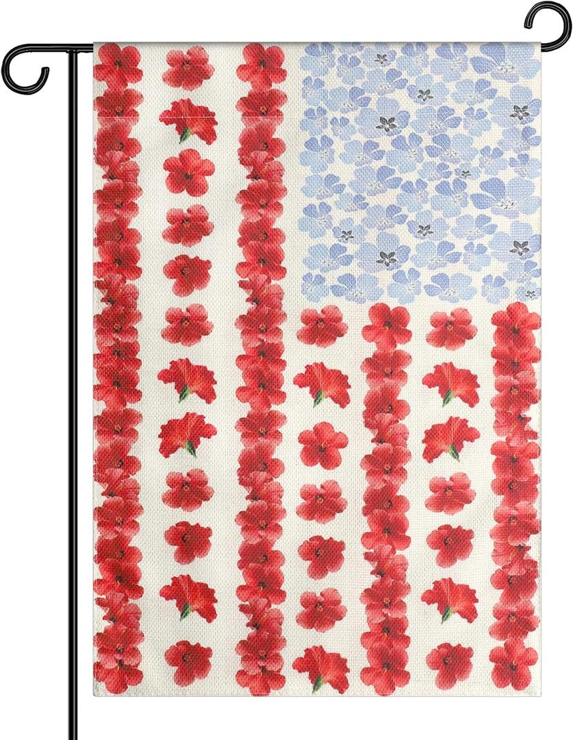 Myosotis Poppy Memorial Garden Flag, 12x18in Double Sided Spring Garden Patriotic American Memorial Flag for Seasonal Yard Outdoor Farmhouse Wall Decoration