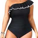 Aqua Eve Plus Size Bathing Suits for Women One Piece Swimsuits One Shoulder Ruffle Tummy Control Swimwear (Black and White, 20 Plus)