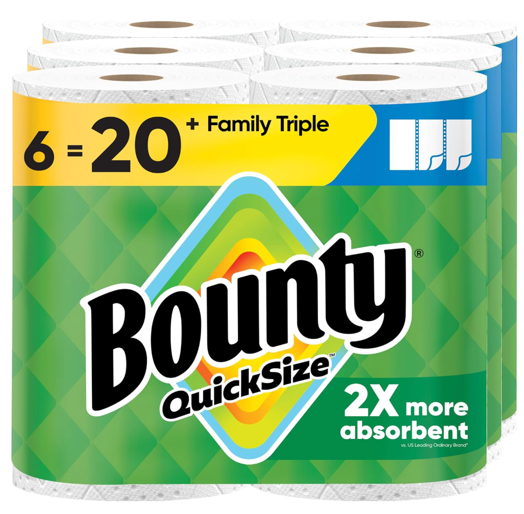 Bounty Paper Towels Quick Size, White, 6 Family Triple Rolls = 20+ Regular Rolls