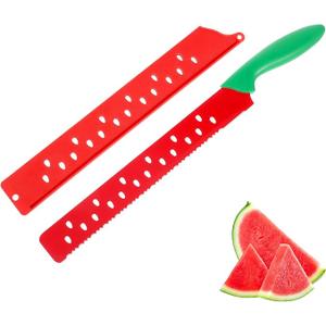 DECHOUS Watermelon Knife with Sleeve: Long Serrated Watermelon Knife for Melon Cutting - Kitchen Fruit Melon Cutter Slicer for Home Summer Party Fruit Serving (Red Green)