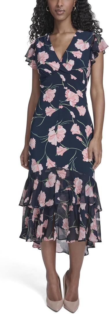 Tommy Hilfiger Women's Flutter Sleeve V-Neck Ruffle Trim Hi-Lo Midi Dress, Floral, Size 10