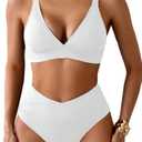Memashore Sexy Ribbed Bikini Set 2 Piece Womens High Waisted V-Cut Cheeky High Leg Tummy Control Longline Swimsuit S