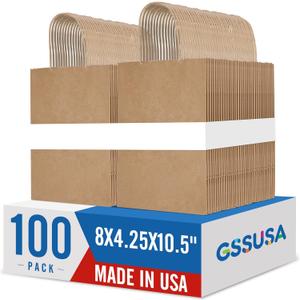 GSSUSA 100 Pack Brown Paper Bags with Handles, 8 x 4.25 x 10.5 in Medium Kraft Gift Bags Bulk for Small Business, Retail Shopping, Party Favor & Merchandise, Sturdy, Made in USA