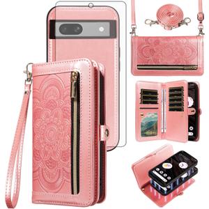 Asuwish Phone Case for Google Pixel 7A 5G 2023 Zipper Wallet Magnetic Detachable Cell Cover with Tempered Glass Screen Protector Crossbody Strap Flower Card Holder Pixel7A A7 Women Men Girls Rose Gold