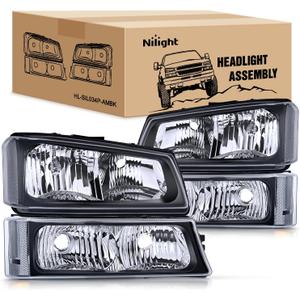Nilight Headlight Assembly for 2003 2004 2005 2006 Chevy Silverado Avalanche 1500 1500HD 2500 2500HD 3500 Chevrolet Pickup Replacement Headlamp Housing Bumper Lamp Set (Black Housing + Clear Reflector)